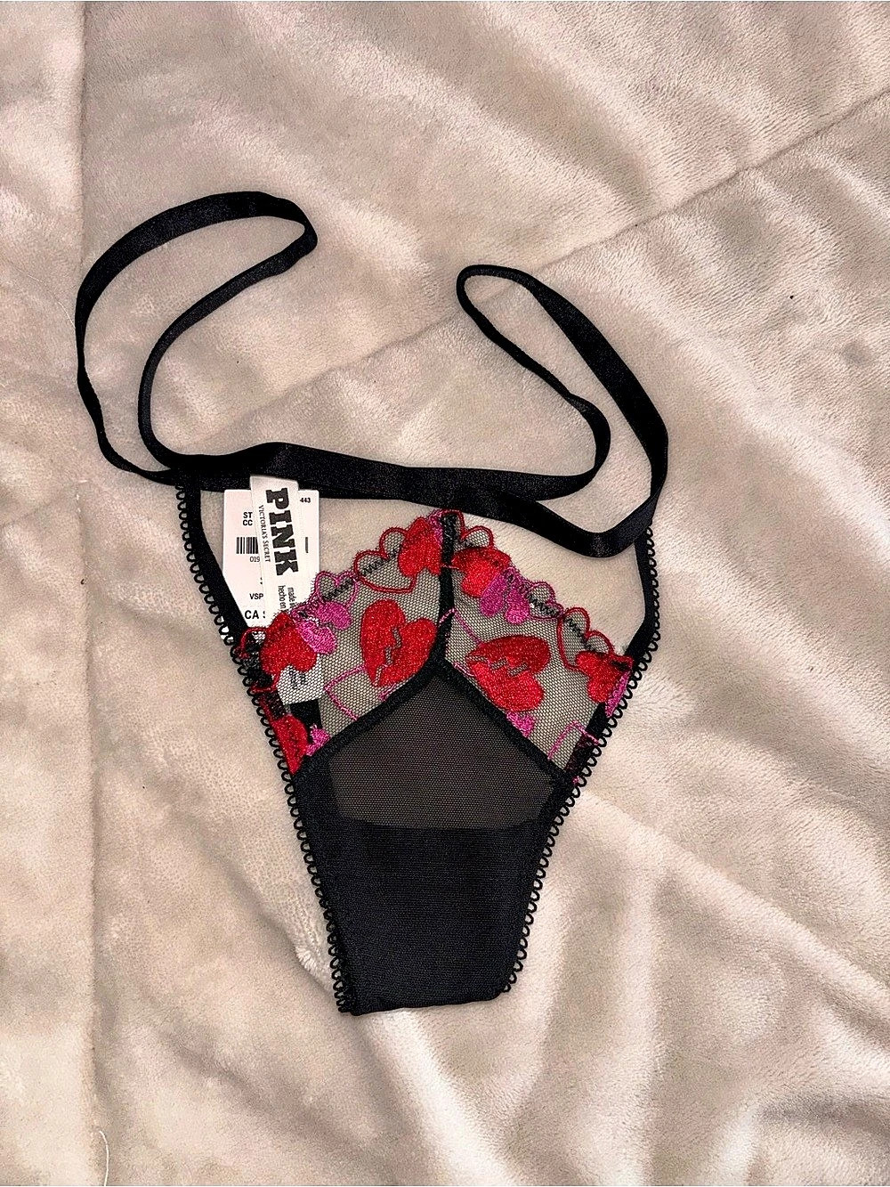 PINK Lace Thong Black